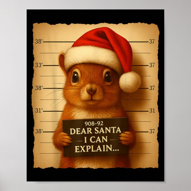 Poster Funny Christmas Squirrel - Cute Squirrel Santa Hat (Frente)