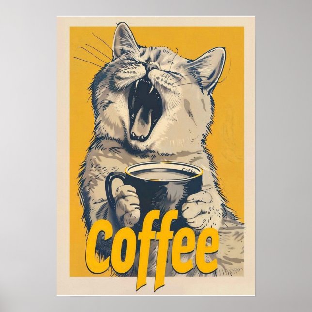 Poster Funny Coffee Cat Illustration – Yawning Cat Coffee (Frente)