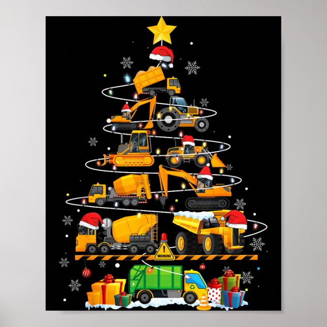 Poster Funny Construction Excavator Truck Christmas Tree  (Frente)