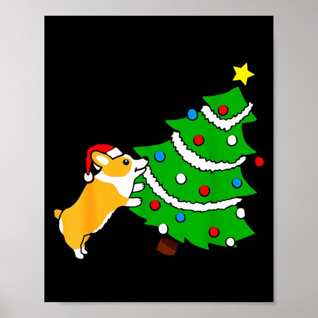 Poster Funny Corgi Pushing Christmas Tree Xmas Dog Mom  (Frente)