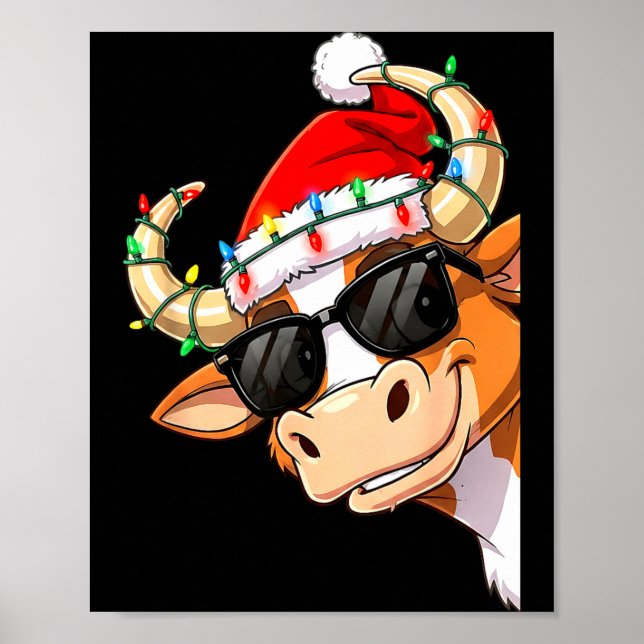 Poster Funny Cow Christmas Cool Longhorn Santa Cow Hat Ho (Frente)