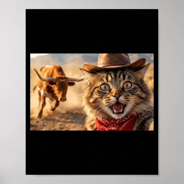 Poster Funny Cowboy Cat Selfie With Charging Bull Western (Frente)