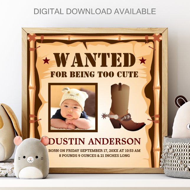 Poster Funny Cowboy Photo Wanted Baby Birth Stats (Criador carregado)