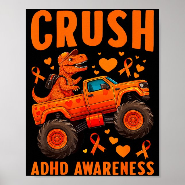 Poster Funny Crush Adhd Awareness T-rex Monster Truck Kid (Frente)