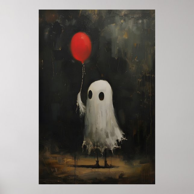 Poster Funny Cute Ghost Holding Red Balloon, Vintage (Frente)