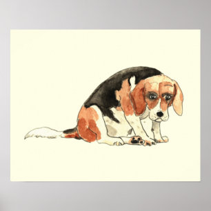 Poster Funny Cute Sad Beagle Dog Watercolour Painting