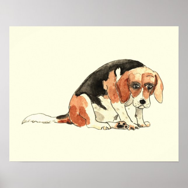 Poster Funny Cute Sad Beagle Dog Watercolour Painting (Frente)