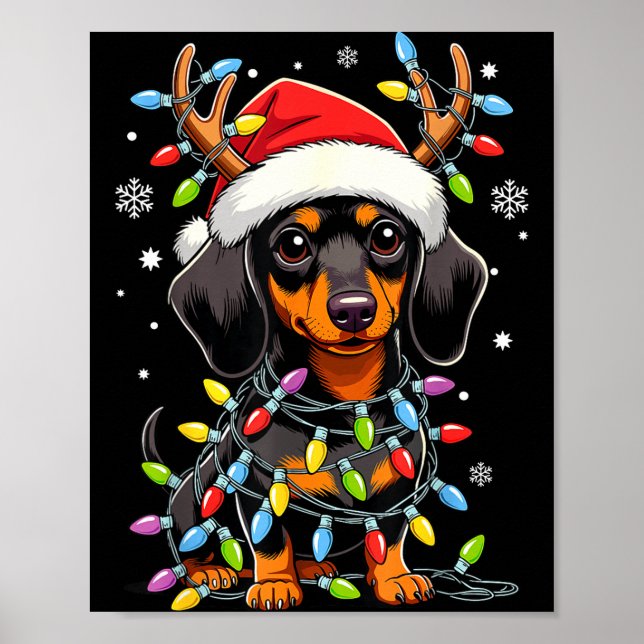 Poster Funny Dachshund Christmas Lights Santa Hat Xmas  (Frente)