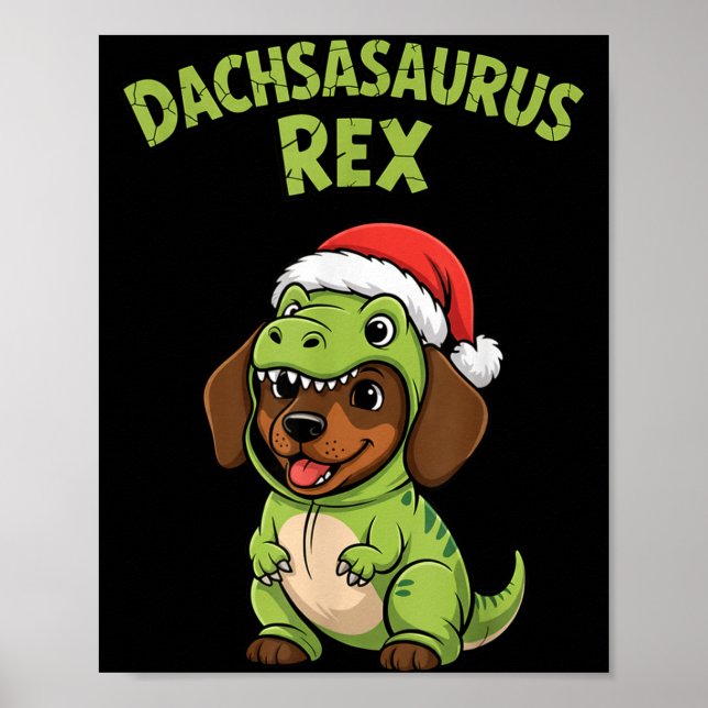 Poster Funny Dachshund Dog T-rex Costume Christmas Kids B (Frente)