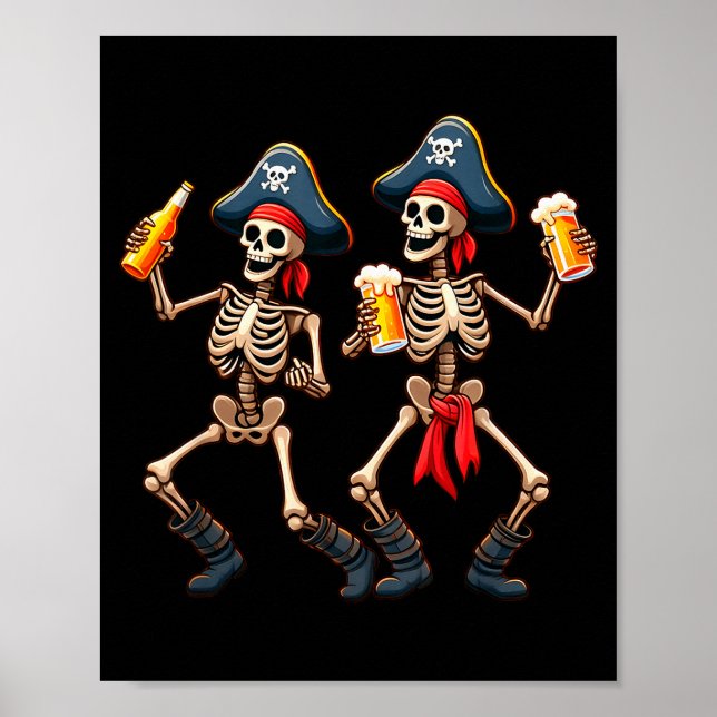 Poster Funny Dancing Rate Skeletons Beer Drinking Hallowe (Frente)