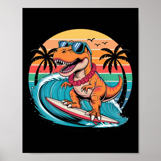 Poster Funny Dinosaur Surfboard Beach Summer Surfing Trex (Frente)