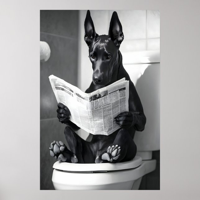Poster Funny Doberman Bathroom Print, Dog Reading (Frente)