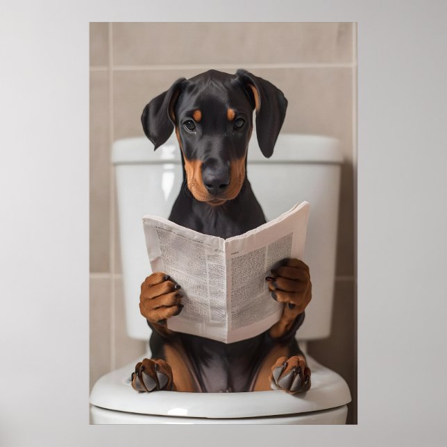 Poster Funny Doberman Bathroom Print, Reading Newspaper (Frente)
