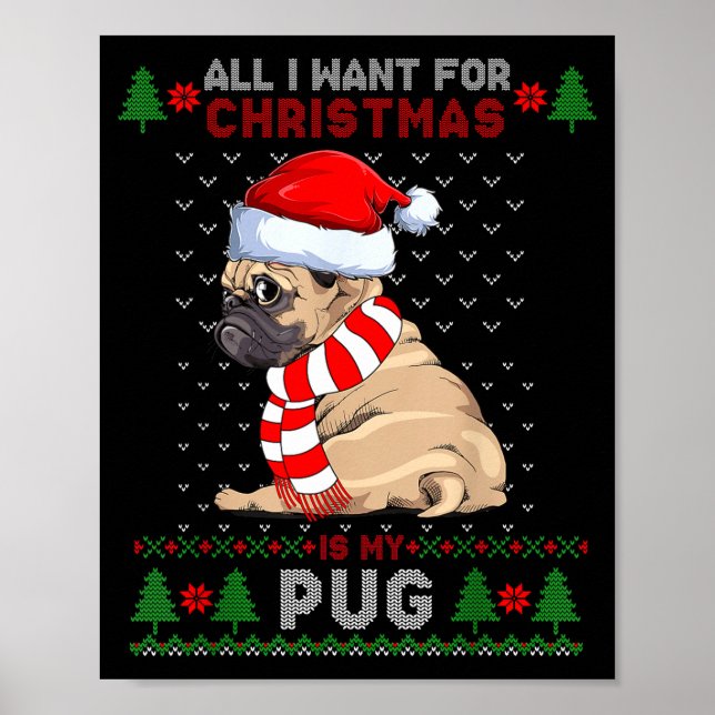 Poster Funny Dog Lovers Cute Pug Santa Hat Ugly Christmas (Frente)