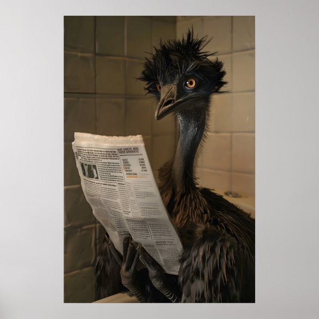 Poster Funny Emu Bathroom Print, Newspaper Reading Animal (Frente)