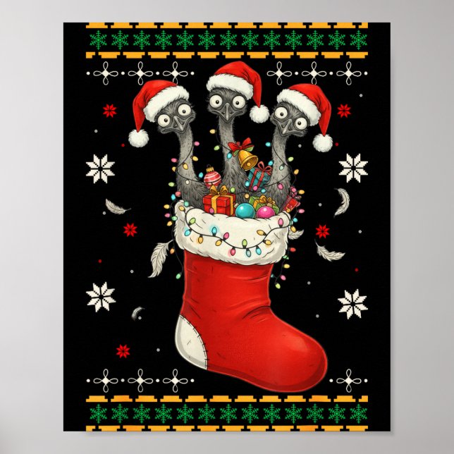 Poster Funny Emu Bird In Xmas Socks Lights Christmas  (Frente)