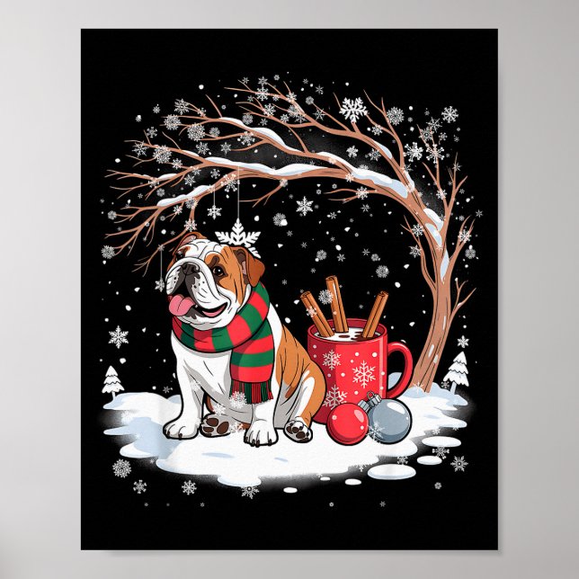 Poster Funny English Bulldog In The Snow Tree Christmas W (Frente)