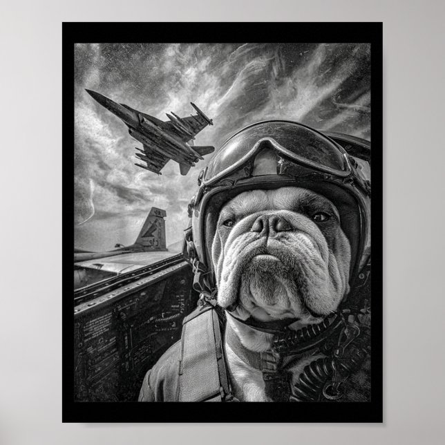 Poster Funny English Bulldog Selfie Fighter Jet Lot Aviat (Frente)