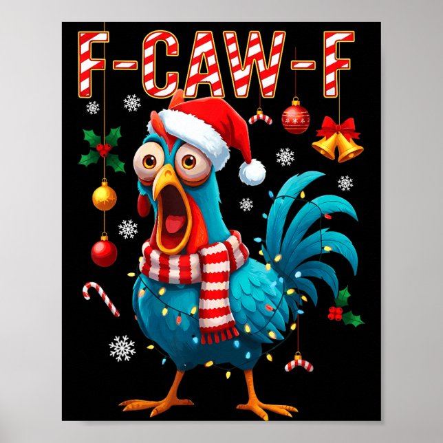 Poster Funny F-caw-f Christmas Chicken Xmas Lights Santa  (Frente)