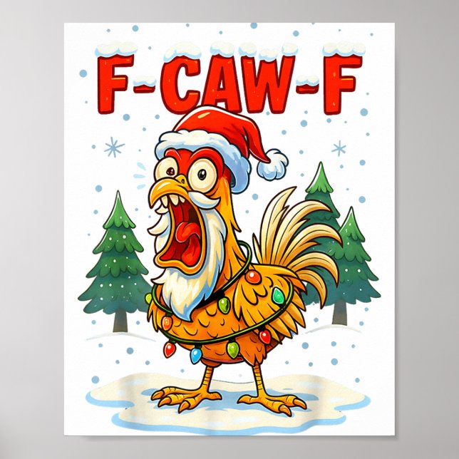 Poster Funny F-caw-f Christmas Chicken Xmas Lights Santa  (Frente)
