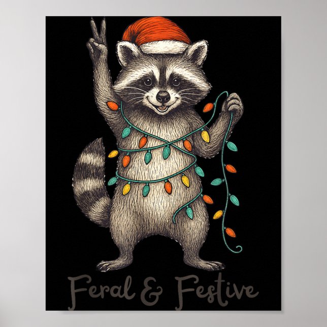 Poster Funny Feral And Festive Raccoon Santa Hat Retro Ch (Frente)