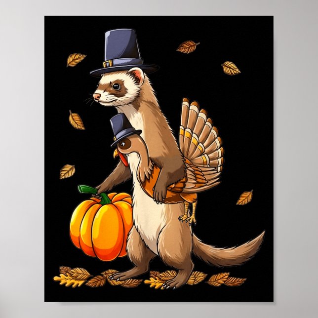 Poster Funny Ferret Turkey Pumpkin Thanksgiving Gift Men  (Frente)