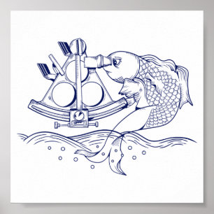 Poster Funny fish using a marine sextant