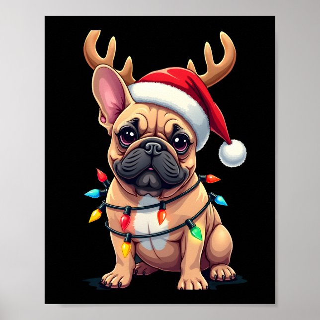 Poster Funny French Bulldog Christmas Light Santa Hat Rei (Frente)