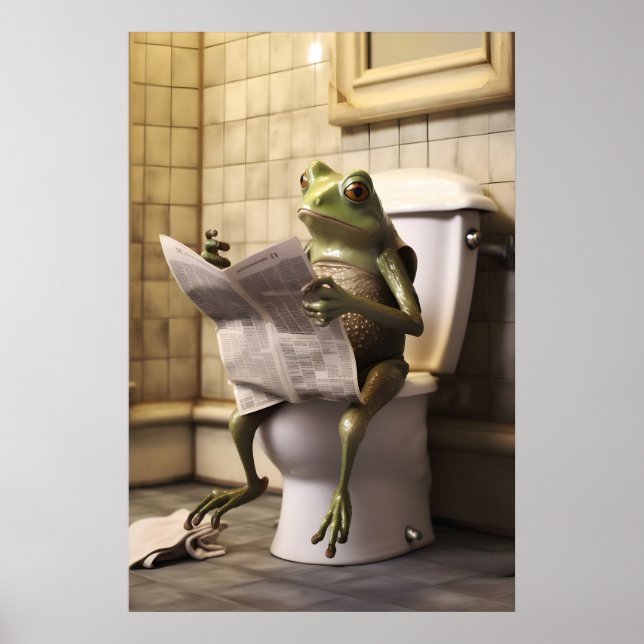 Poster Funny Frog Toilet Print, Newspaper Reading Animal (Frente)