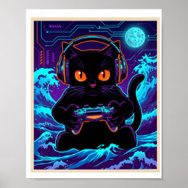 Poster Funny Gamer Cat Neon Cyber Gaming Night Retro Art