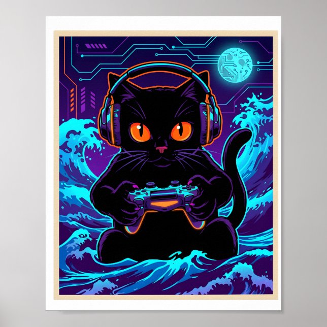 Poster Funny Gamer Cat Neon Cyber Gaming Night Retro Art (Frente)