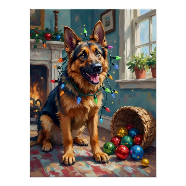 Pôster Funny German Shepherd Tangled in Christmas Lights (Frente)