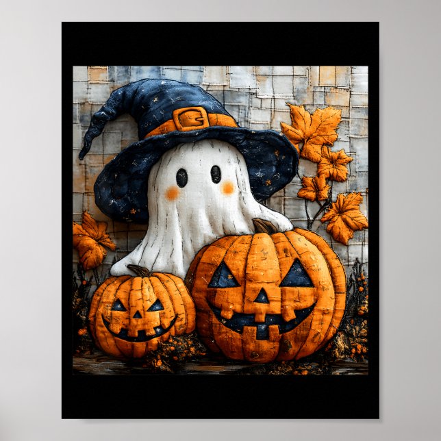 Poster Funny Ghost Pumpkin Cute Halloween Patchwork Art  (Frente)