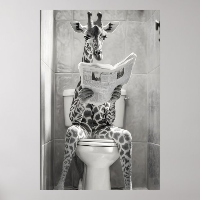 Poster Funny Giraffe Bathroom Print, Reading Newspaper (Frente)