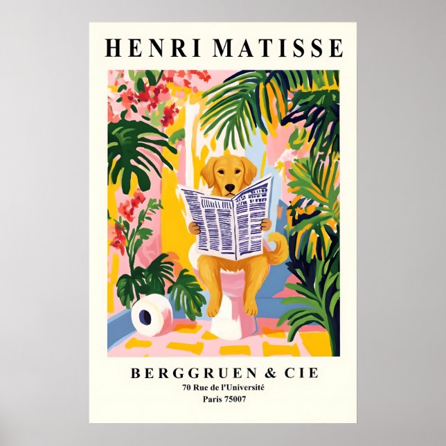 Poster Funny Golden Retriever Art - Dog on Toilet (Frente)