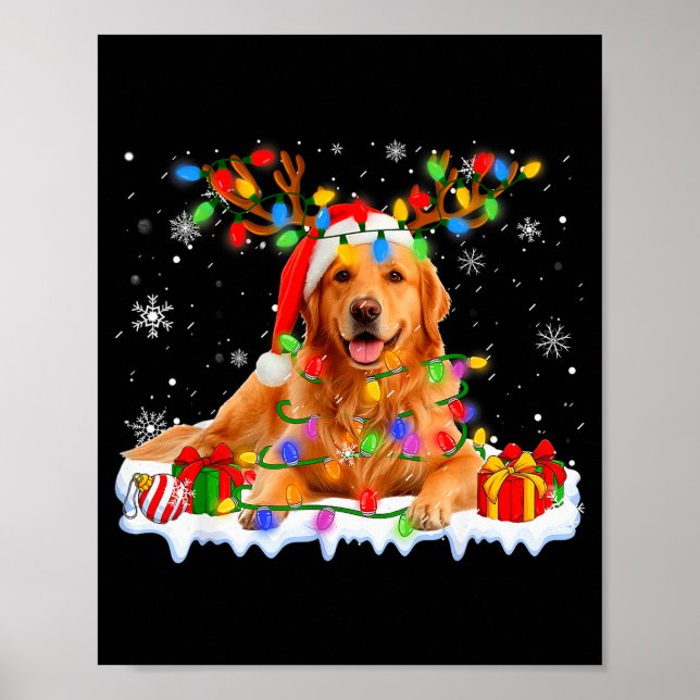 Poster Funny Golden Retriever Christmas Santa Hat Reindee (Frente)