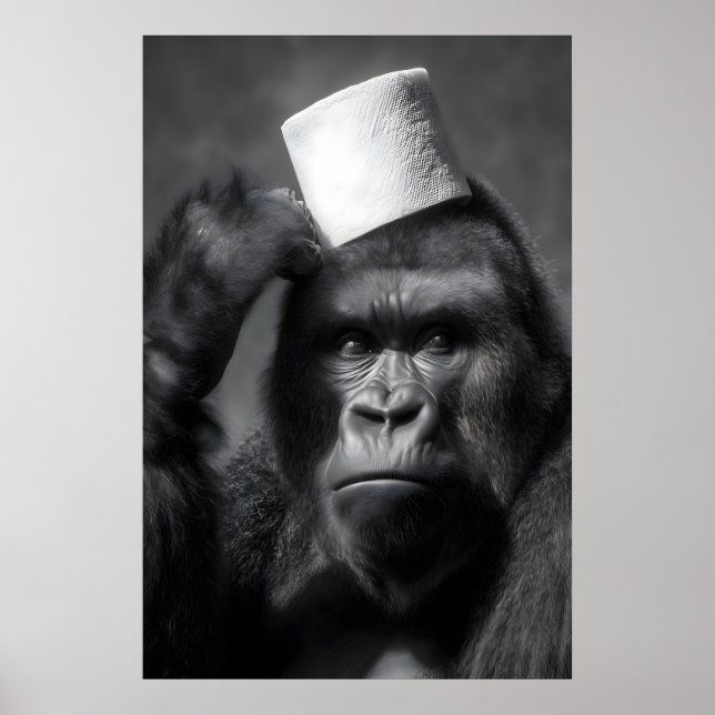 Poster Funny Gorilla Bathroom Art Print, Toilet Paper Hat (Frente)