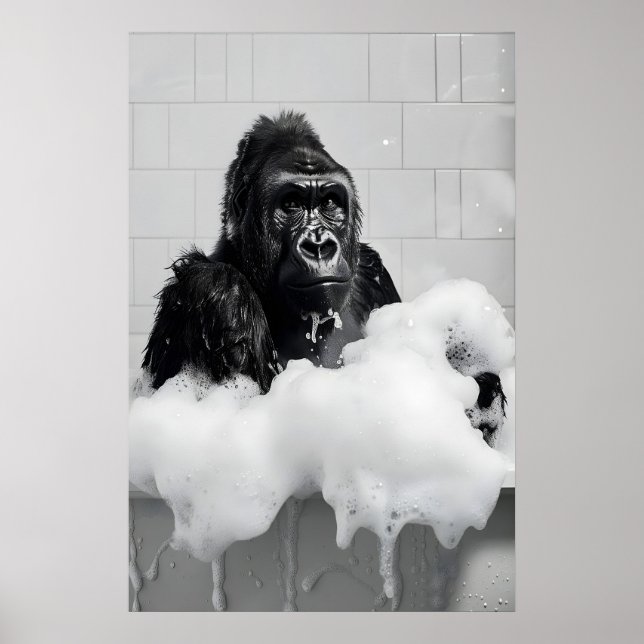 Poster Funny Gorilla Bubble Bath Print, Bathroom Animal (Frente)