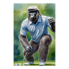 Pôster Funny Gorilla em Tan Hat Camisa Azul Jogando Golfe