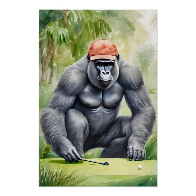 Pôster Funny Gorilla no Boné Vermelho Jogando Golfe (Frente)