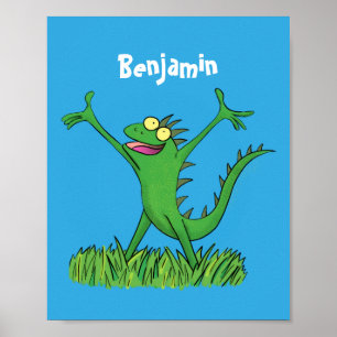 Poster Funny green smiling animated iguana lizard