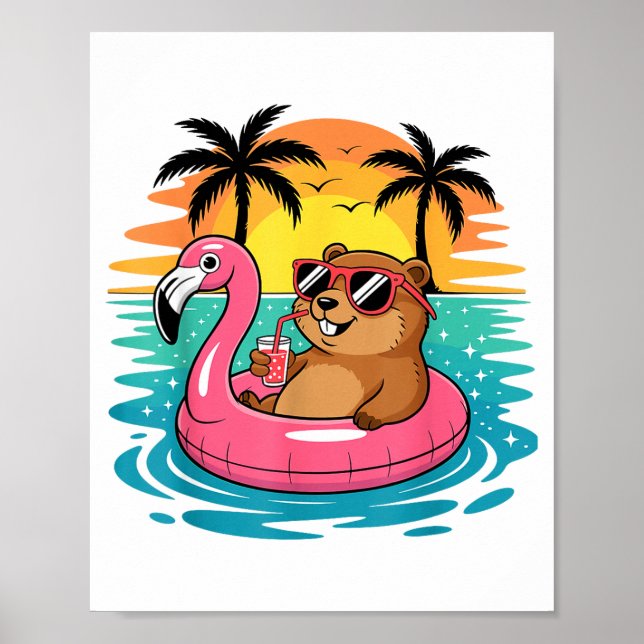 Poster Funny Groundhog Hawaiian Flamingo Float Beach Summ (Frente)