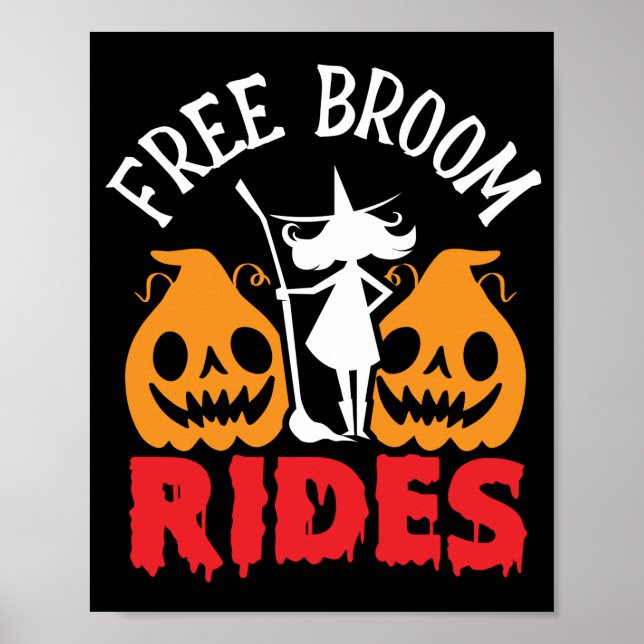 Poster Funny Halloween Free Broom Rides Witch Pumpkins (Frente)