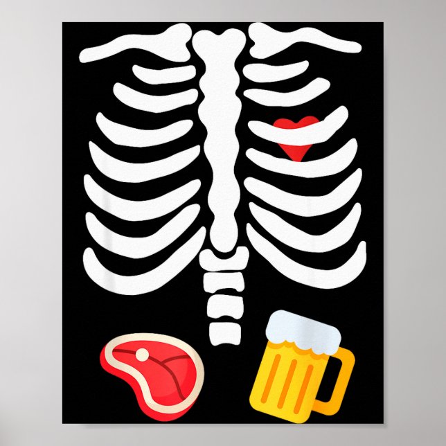 Poster Funny Halloween Skeleton Beer &amp; Steak Costume  (Frente)
