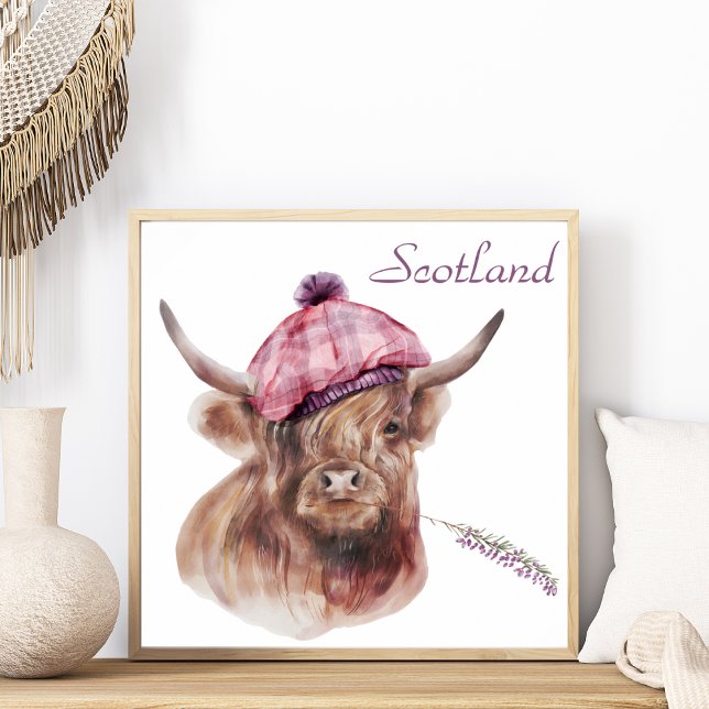 Poster Funny Highland Cow Tartan Boné Scotland Animal Art (Criador carregado)