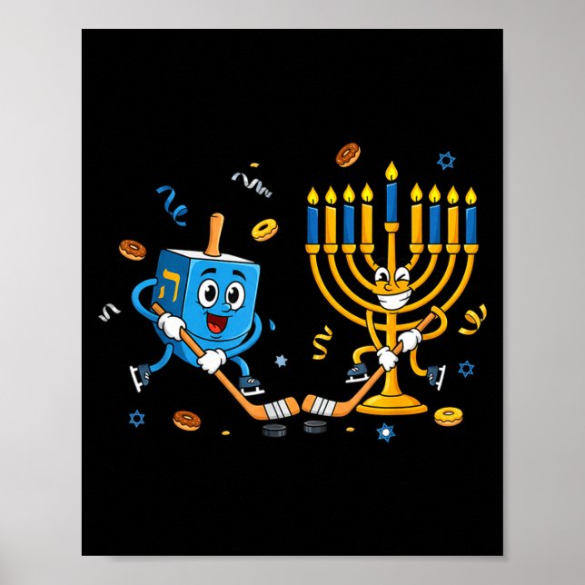 Poster Funny Hockey Dreidel Menorah Hanukkah Kids Womens  (Frente)