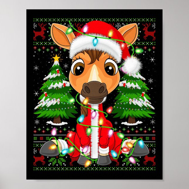 Poster Funny Horse Christmas Lights Santa Costume Ugly Xm (Frente)