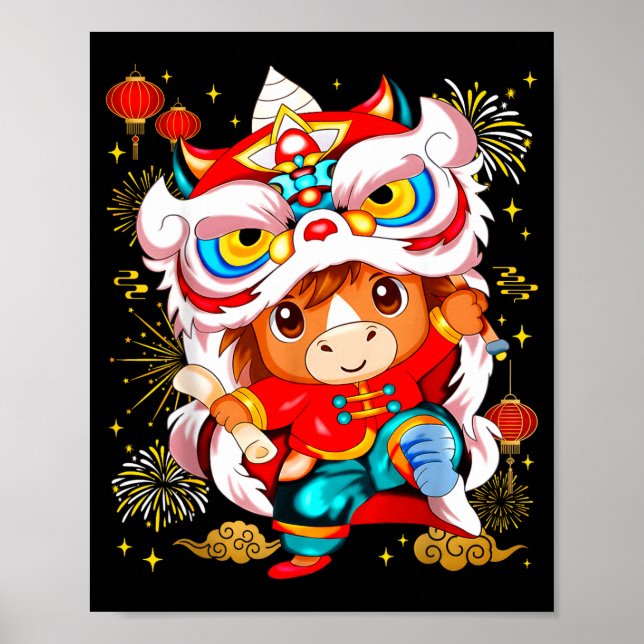Poster Funny Horse Lion Dance Chinese New Year Kid Men  (Frente)