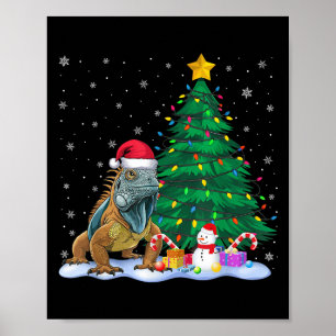 Poster Funny Iguana Xmas Tree Lights Reindeer Hat Christm