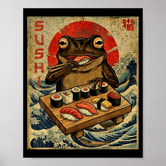 Poster Funny Japanese Kawai Frog Pun Food Frog Humor Sush (Frente)